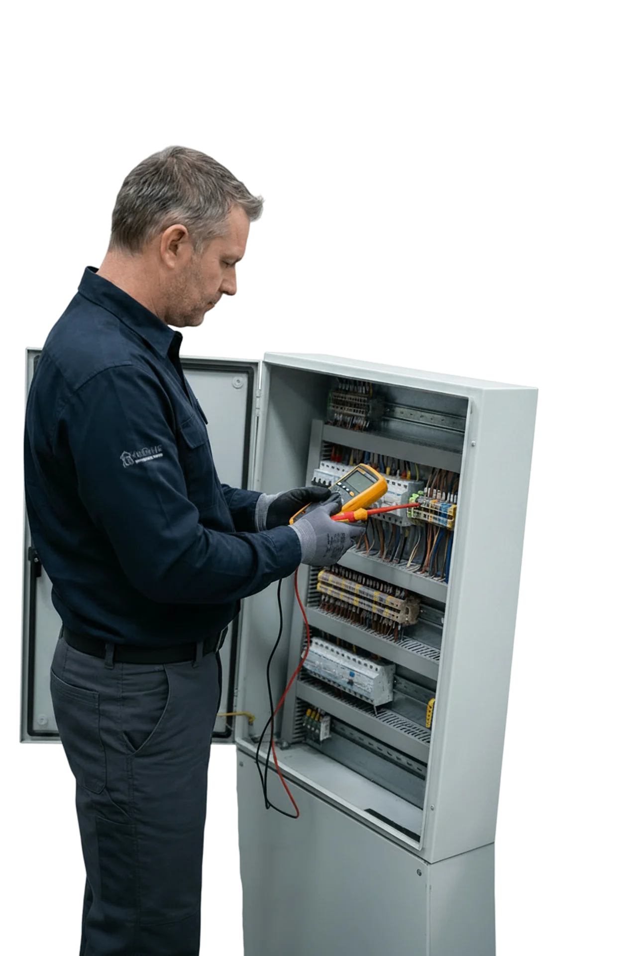BCI technician testing a control panel with a Fluke multimeter