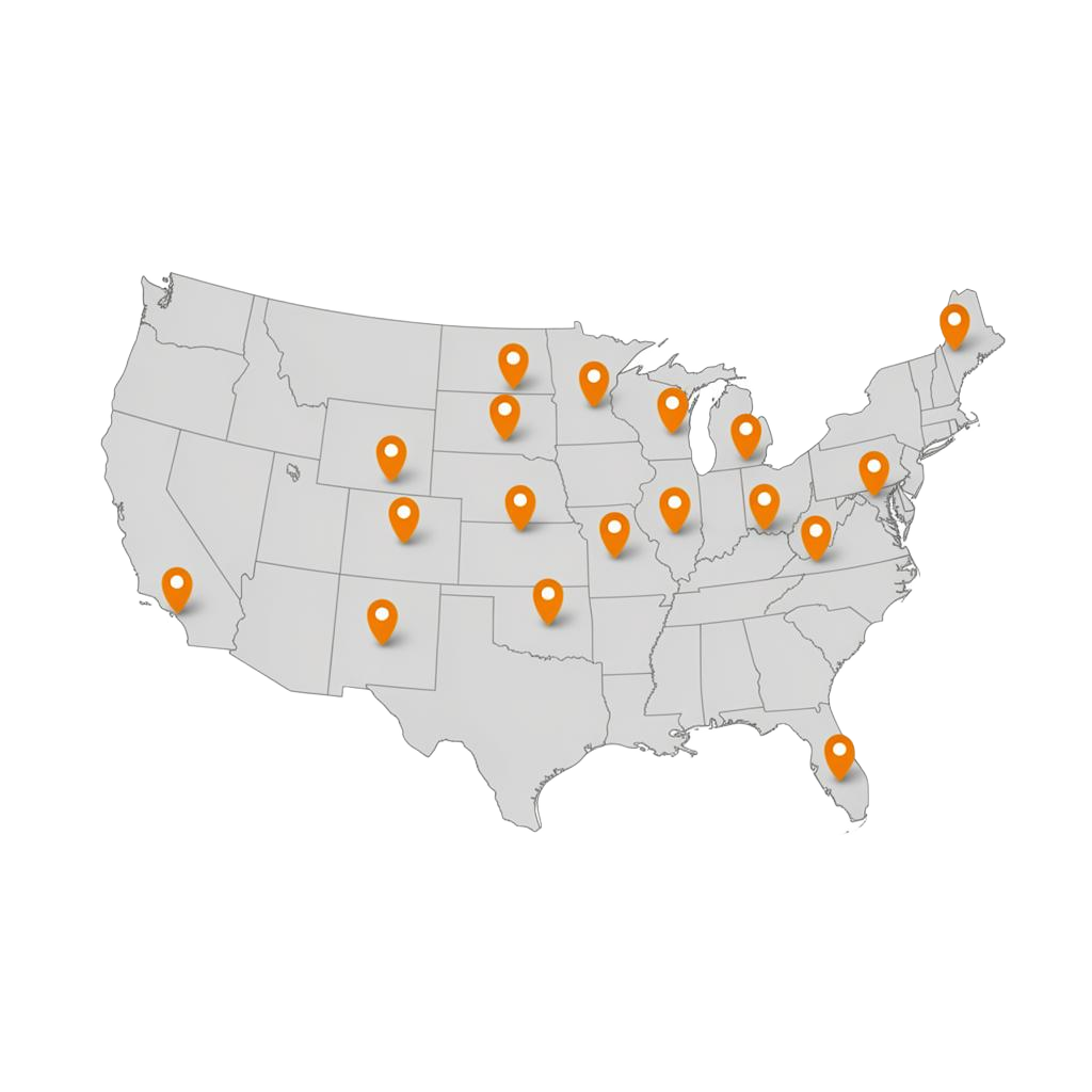 Map of the United States with orange pins marking BCI project locations across the country